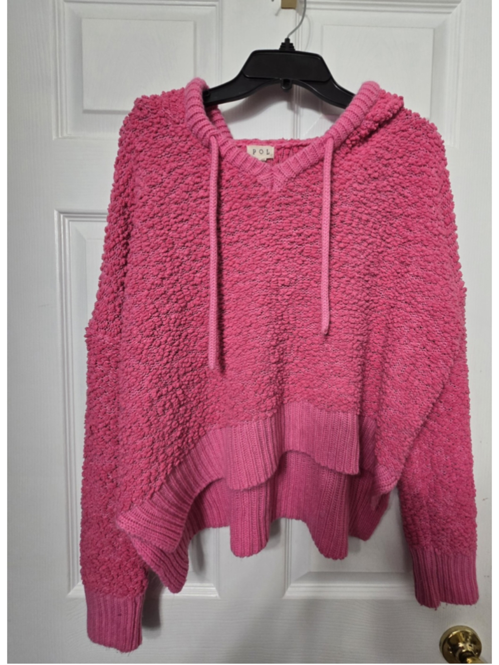 POL Pink Popcorn Knit Hoodie Sweater Large Slouchy Cozy Chunky Boho Crop L
